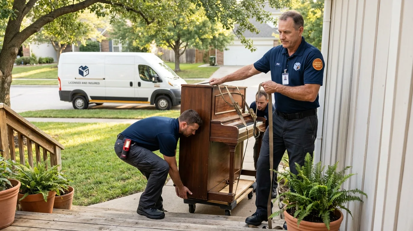 Licensed piano movers securing grand piano in Parker, SD