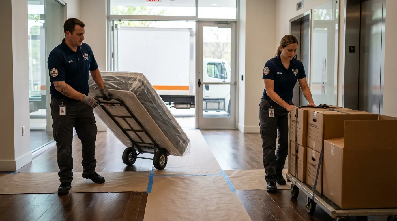 Professional apartment movers loading elevator in Parker, SD